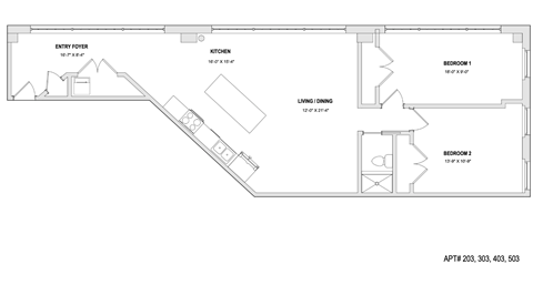 Floor plan for 2 beds, 1 bath, 1100 sqft